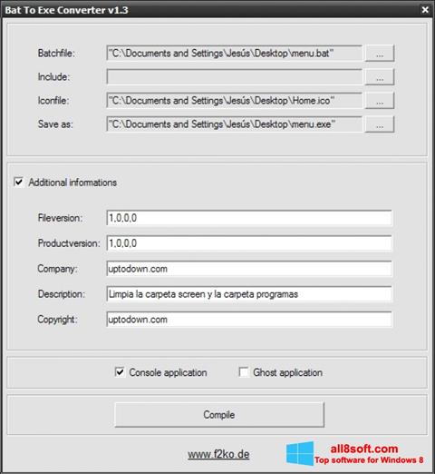 Snimak zaslona Bat To Exe Converter Windows 8