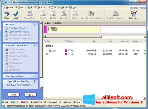 Snimak zaslona EASEUS Partition Master Windows 8